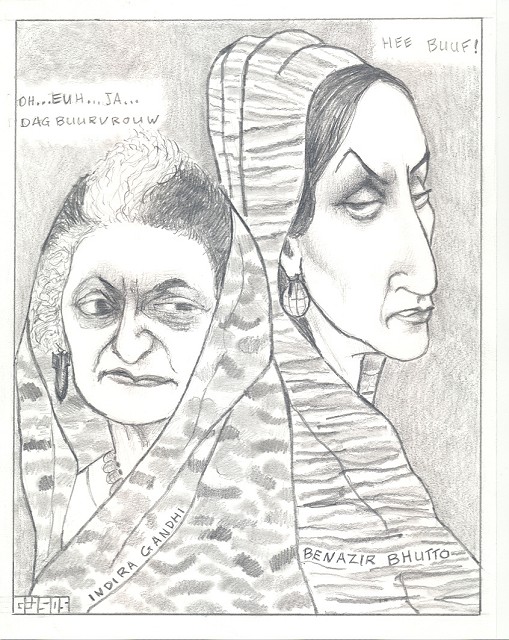 Historisch Café 29-10-2005 - karikatuur van Ghandi en Bhutto door Gijs Sevenhuijsen